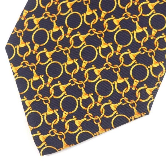 Gucci 100% Silk Cravat Bit Pattern Allover Tie Navy Gold Made In Italymade In - Picture 3 of 9